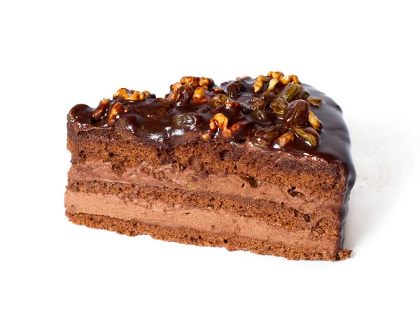 Stuk van chocolade taart met walnoten. — Stockfoto