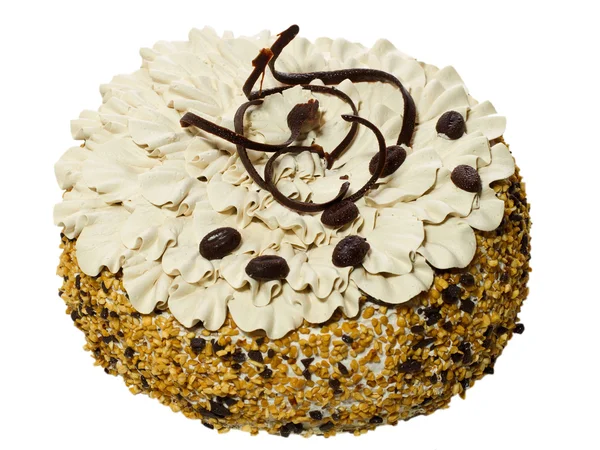 Kuchen Mit Sahne Und Kaffeebohnen Isoliert Auf Weißem Hintergrund — Stockfoto