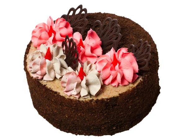 Kuchen Mit Schokoladenstücken Und Sahnerosen Isoliert Auf Weißem Hintergrund — Stockfoto