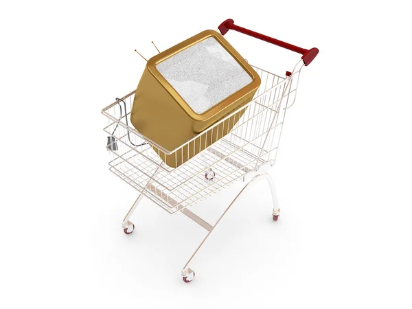 Vintage television in shop trolley — Stock Photo, Image