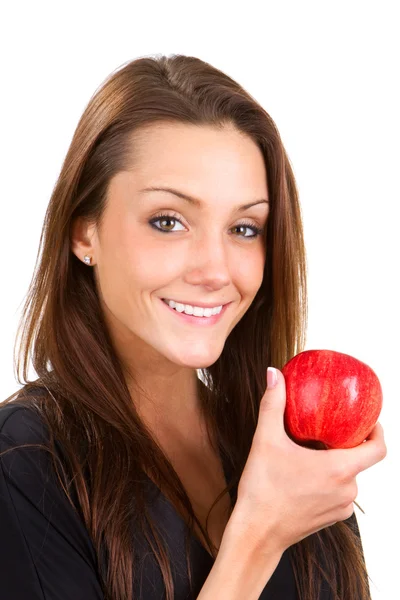 Mujer Sostiene Una Manzana Roja Demostrando Hábitos Alimenticios Saludables — Foto de Stock