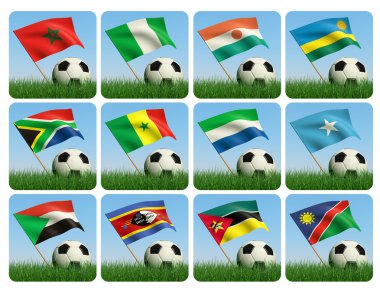 Soccer ball in the grass. African flags. 3d clipart