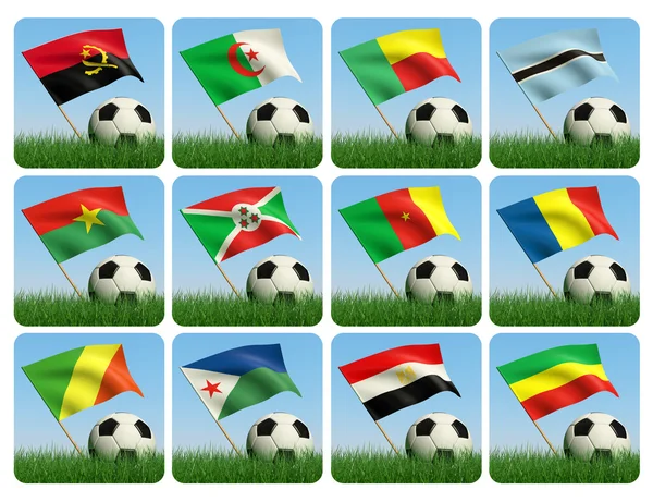 Soccer ball in the grass. African flags. 3d — Stock Photo, Image
