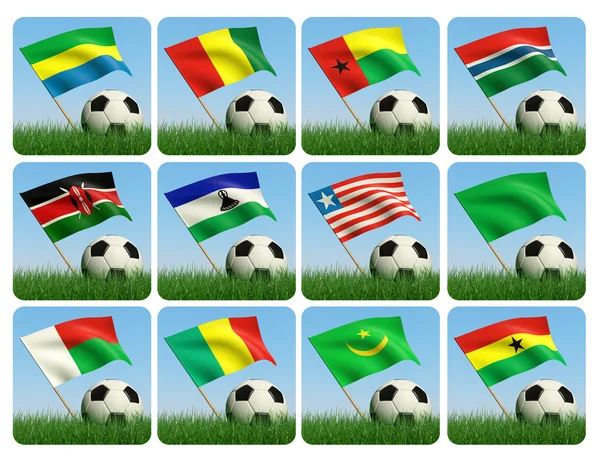 Soccer ball in the grass. African flags. 3d — Stock Photo, Image