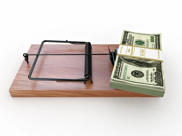 Mousetrap com dólar sobre fundo isolado branco — Fotografia de Stock