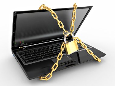 Laptop with chains and lock on white isolated background clipart