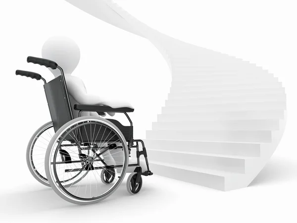 Мужчины с инвалидной коляской и лестницей. Сложное решение — стоковое фото