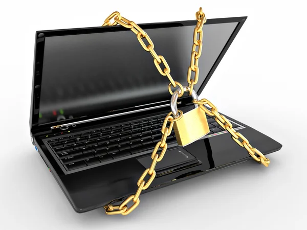 笔记本电脑与链和孤立在白色背景上的锁 — 图库照片