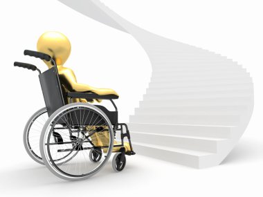 Men with wheelchair and stairs. Difficult decision