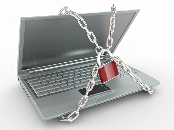 Laptop z łańcuchów i blokada na na białym tle — Zdjęcie stockowe