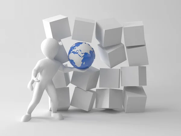 Men with earth in boxes. 3d — Stock Photo, Image