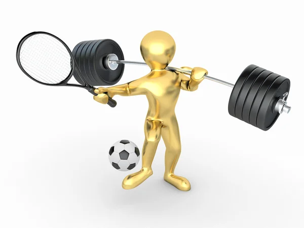 Men with barbell, racket and ball — Stock Photo, Image