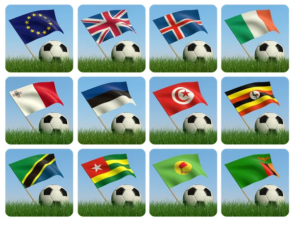 Jalkapallo nurmikolla ja lippu. 3d — kuvapankkivalokuva