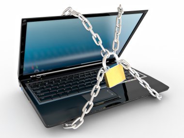 Laptop with chains and lock on white isolated background clipart