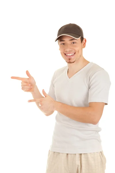 Young man is pointing sideways — Stock Photo, Image