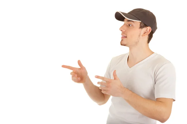 Young man is pointing sideways — Stock Photo, Image