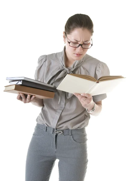 Intelligent Serious Reading Woman Glasses Books Isolated White Background — Stock Photo, Image