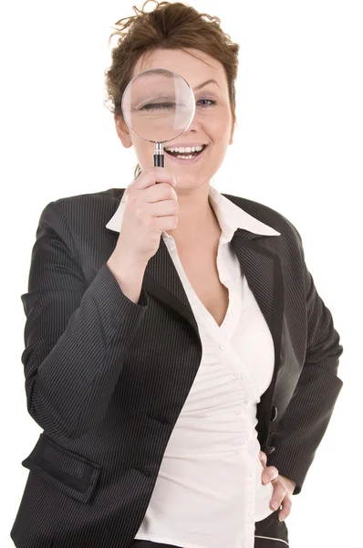 Businesswoman Looking Into A Magniying Glass — Stock Photo, Image