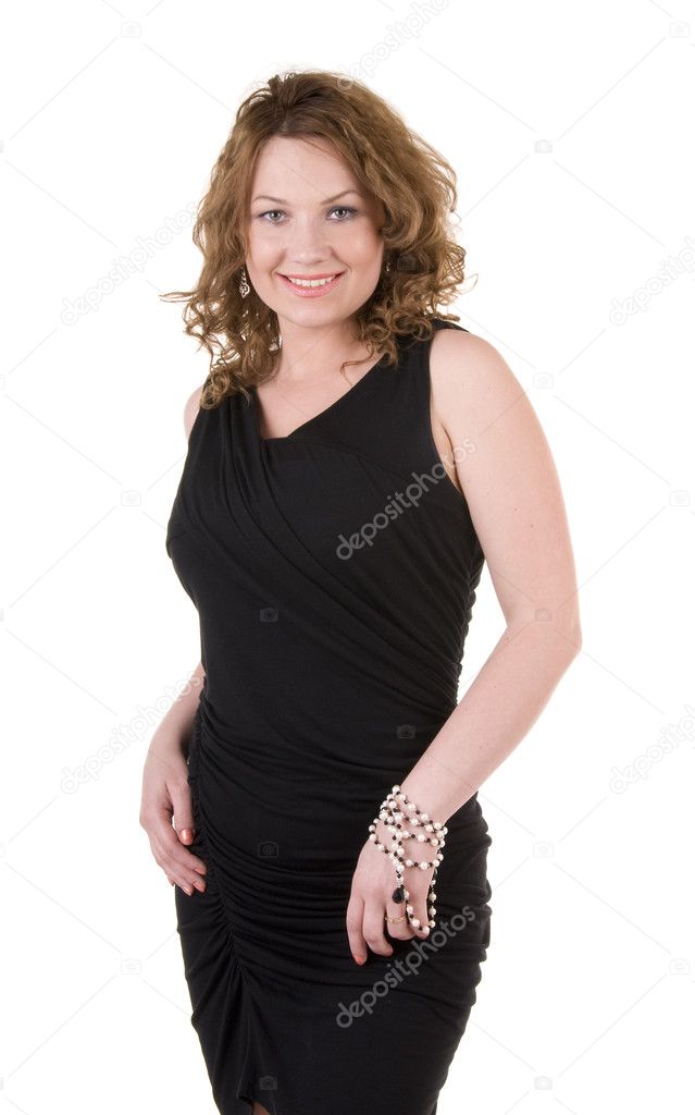 Mature woman in black evening dress isolated on white background