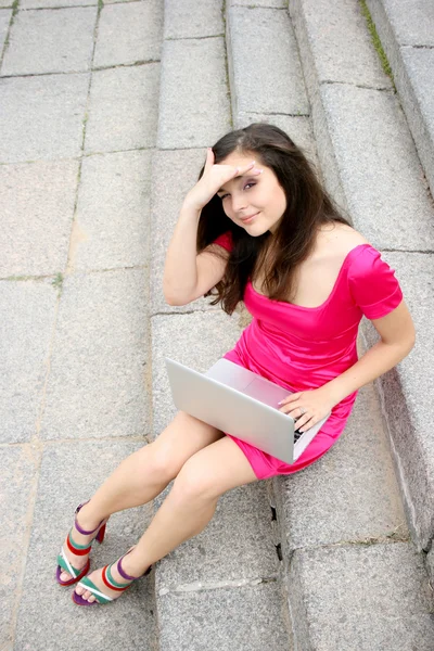 Young caucasian student women with laptop — Stock Photo, Image