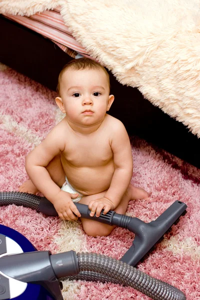 Cute Caucasian Baby Vacuum Cleaner — Stock Photo, Image