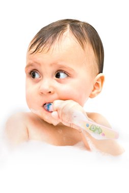 First steps in brushing your teeth are not easy. clipart