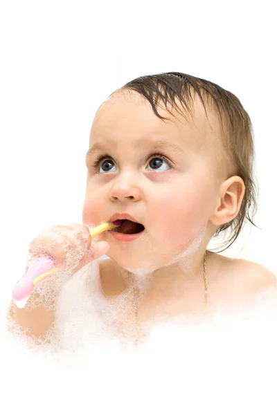 Os primeiros passos para escovar os dentes não são fáceis . — Fotografia de Stock