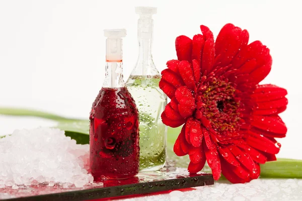 Spa essentials (sól do kąpieli w łyżką i kwiat) — Zdjęcie stockowe