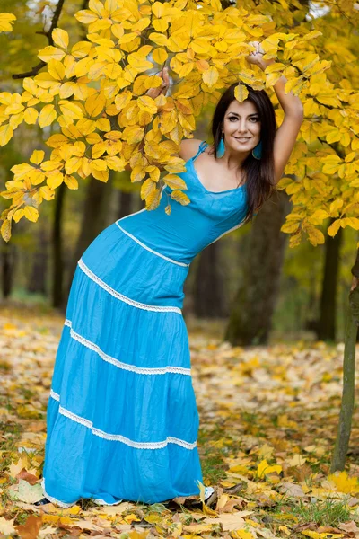 Diablo smilievrouw met gele bladeren in de herfst — Stockfoto