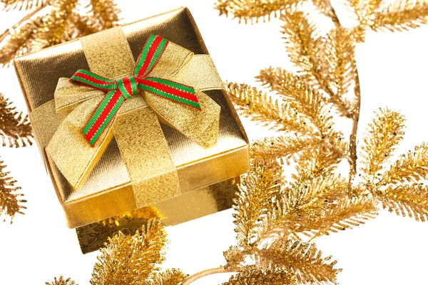 Rama del árbol de Navidad con caja de regalo — Foto de Stock