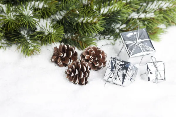 Větve vánočního stromu s dárkové krabičky — Stock fotografie