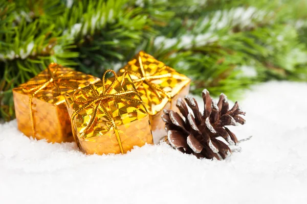 Zweig Des Weihnachtsbaums Mit Tannenzapfen Und Geschenkschachteln — Stockfoto