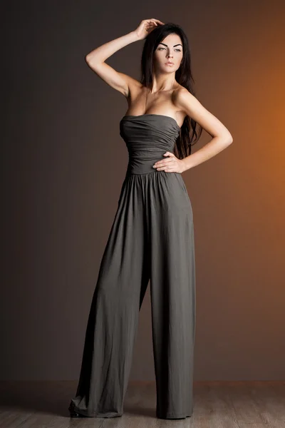 Gyönyörű divatos nő szürke ruhát — Stock Fotó