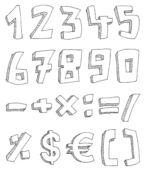 Números dibujados a mano y signos matemáticos — Vector de stock