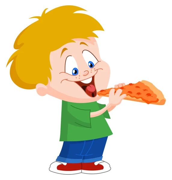 Niño comiendo pizza — Vector de stock