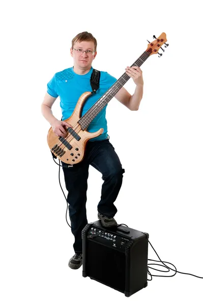 Молодий Гітарист Електрогітарою Білому Тлі — стокове фото