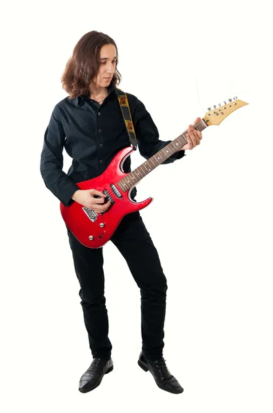 Mladý Kytarista Červenou Kytarou Bílém Pozadí — Stock fotografie