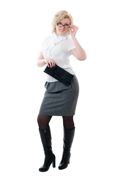 Women in white blouse and grey skirt — Stock Photo, Image