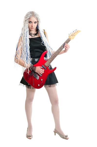 Jovem Guitarrista Com Guitarra Vermelha Sobre Fundo Branco — Fotografia de Stock