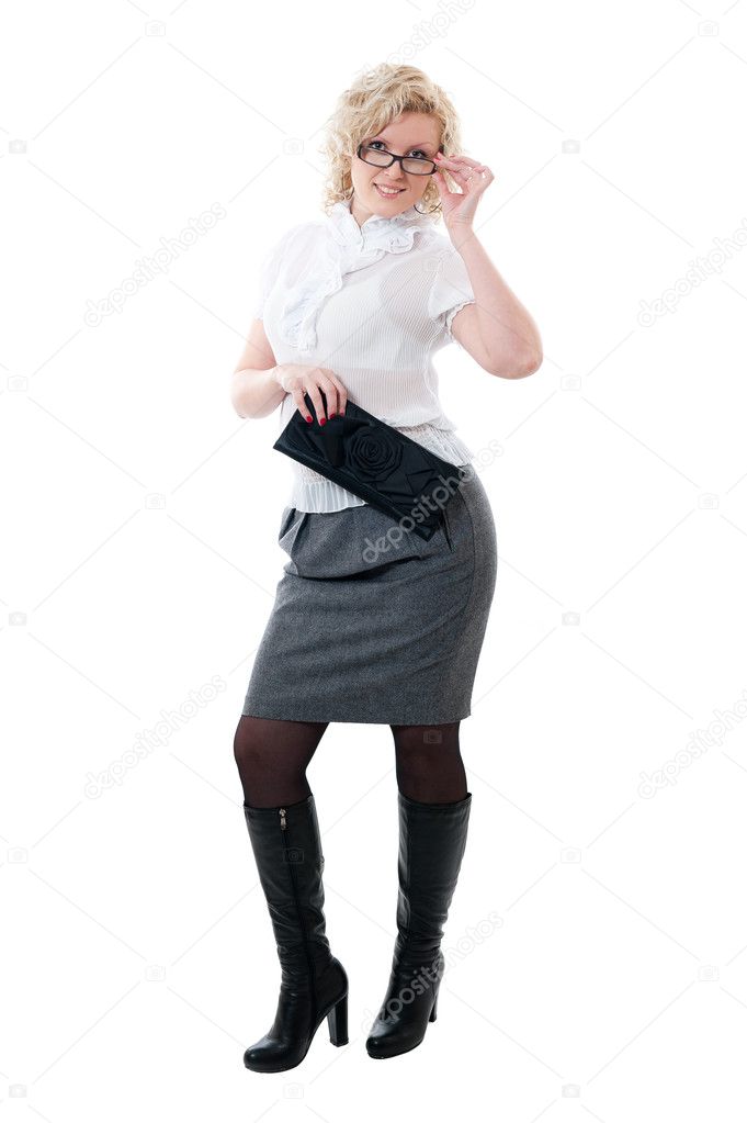 white shirt grey skirt