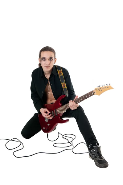Kytarista s červenou kytarou — Stock fotografie