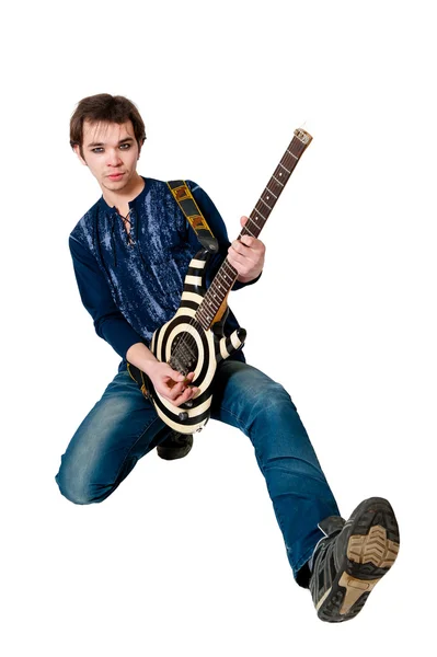 Mladý Kytarista Elektrickou Kytaru Bílém Pozadí — Stock fotografie