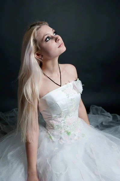 Beautiful Girl White Dress Black Background — Stock Photo, Image