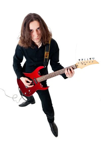 Joven Guitarrista Con Guitarra Roja Sobre Fondo Blanco —  Fotos de Stock