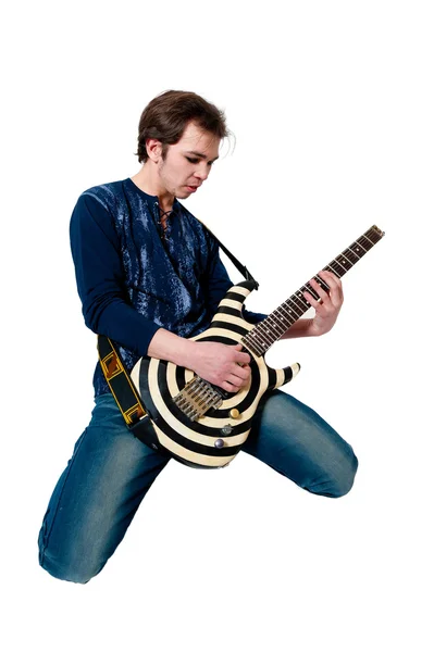 Молодий Гітарист Електрогітарою Білому Тлі — стокове фото