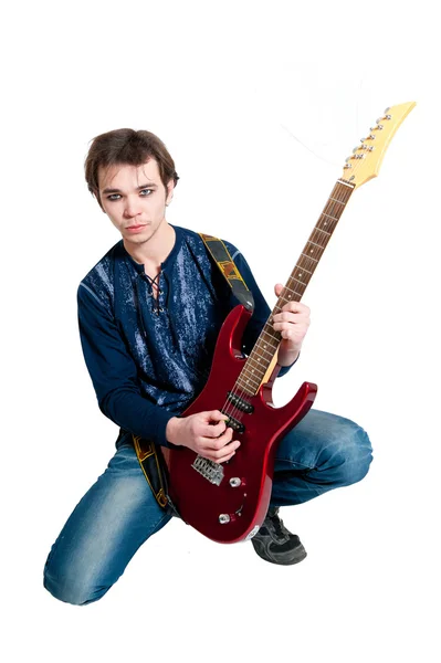 Jovem Guitarrista Com Guitarra Elétrica Fundo Branco — Fotografia de Stock