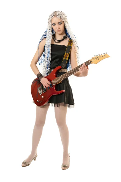 Beyaz Zemin Üzerine Kırmızı Gitar Ile Genç Gitarist — Stok fotoğraf
