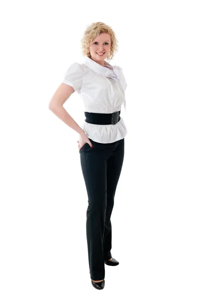 Wanita dengan blus putih dan celana hitam — Stok Foto