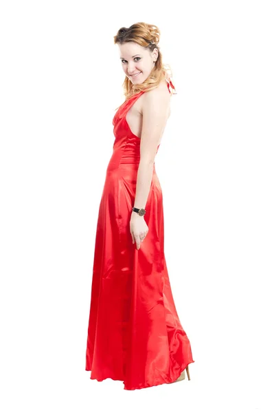 Beautiful Girl Red Dress Isolated White Background — Stock Photo, Image