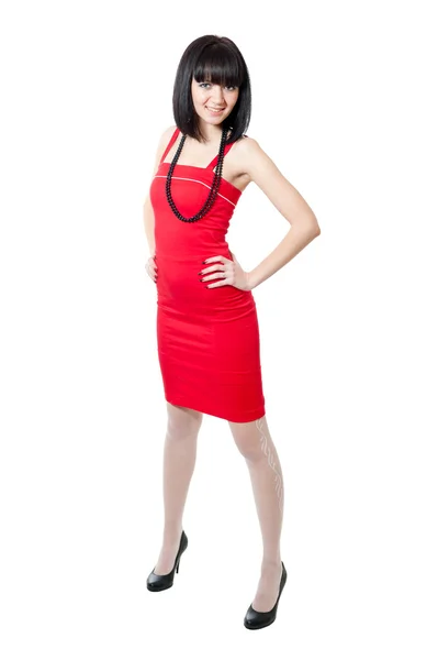 Hermosa Chica Vestido Rojo Aislado Sobre Fondo Blanco —  Fotos de Stock